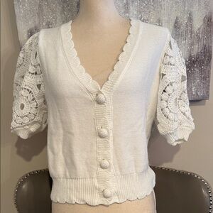 Design History White Knit Cardigan with Lace Sleeves Size Medium (NWT)